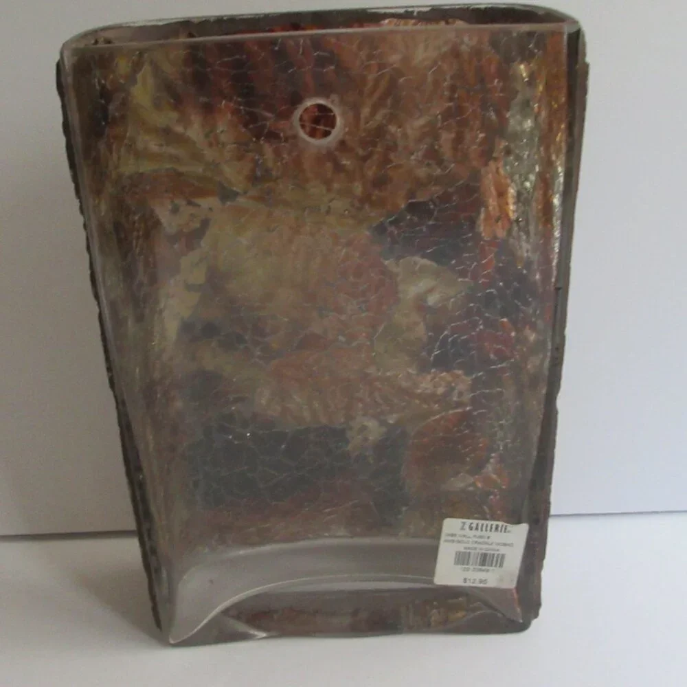 Wall Pocket Vase Amber/Gold Brown Crackle Mosaic Glass 8